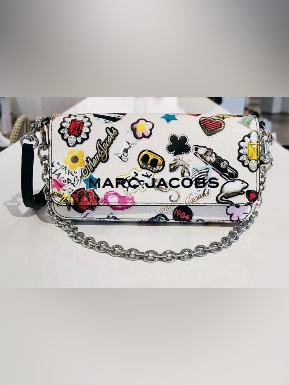 Marc Jacobs White Sticker-Print Chain Crossbody Bag